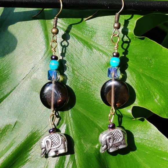 Hand Crafted Jewelry - Smokey Quartz, Elephant Charm, Dyed Howlite Earrings